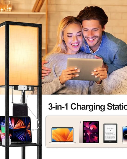 OUTON Floor Lamp with Shelves, LED Shelf Floor Lamp with 1 USB & 1 Type C Ports, 1 AC Outlet, 3 Color Temperature, Storage Display Wood Column Tall Standing Lamp for Living Room, Bedroom Office, Black - LeafyLoom