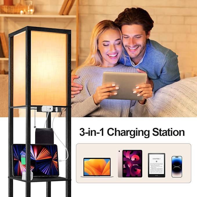 OUTON Floor Lamp with Shelves, LED Shelf Floor Lamp with 1 USB & 1 Type C Ports, 1 AC Outlet, 3 Color Temperature, Storage Display Wood Column Tall Standing Lamp for Living Room, Bedroom Office, Black - LeafyLoom