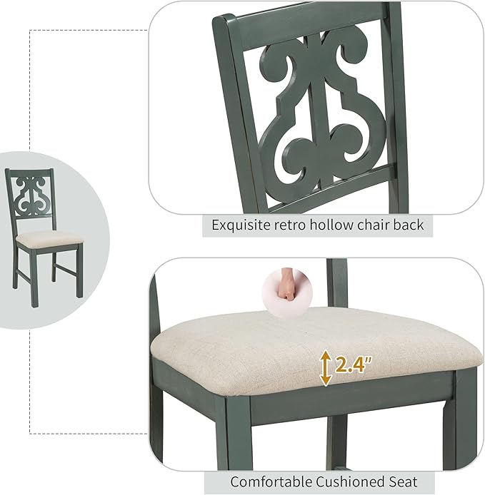 Kitchen Set 5-Piece Round Dining 4 Fabric Chairs with Special-shaped Table Legs and Storage Shelf, Antique Blue+Dark Brown - LeafyLoom