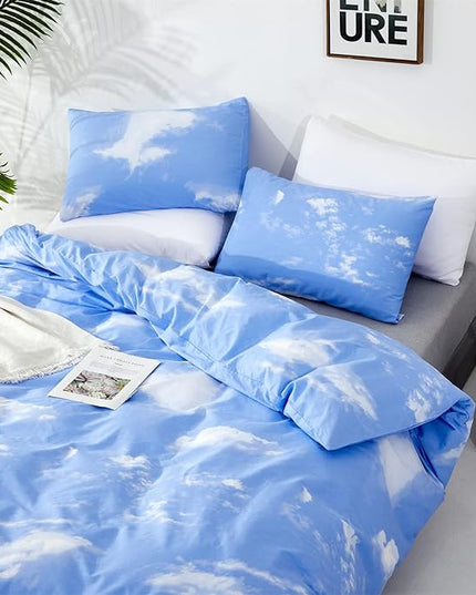 Cotton Blue Cloud Comforter Set King Size Sky Blue Comforter Cotton 3 Pieces Soft Light Blue King Comforter Bedding Set Women Solid Blue King Bed Comforter Set for All Season as Gift - LeafyLoom