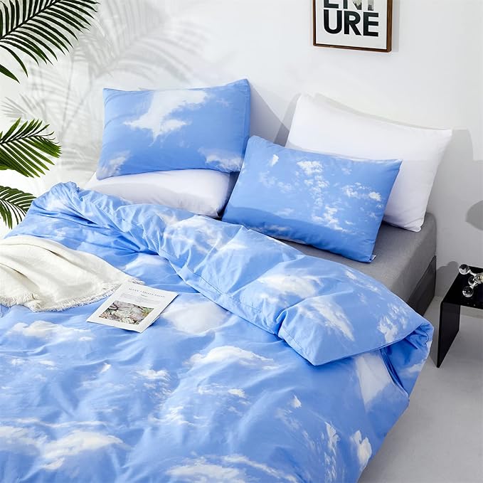 Cotton Blue Cloud Comforter Set King Size Sky Blue Comforter Cotton 3 Pieces Soft Light Blue King Comforter Bedding Set Women Solid Blue King Bed Comforter Set for All Season as Gift - LeafyLoom