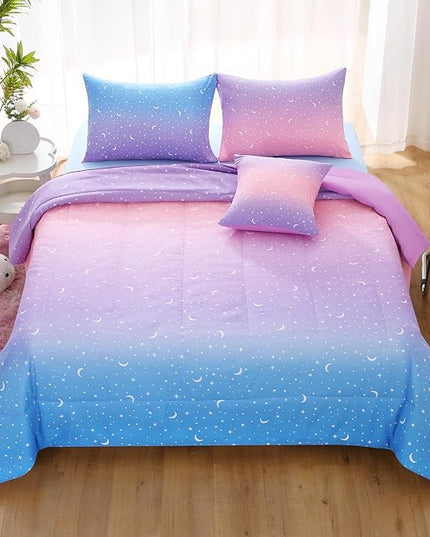 JQinHome Twin Girls Comforter Set,6 Piece Bed in A Bag 3D Purple Orange Glitter Bedding Set -All Season Microfiber Rainbow Bedding Sets for Girls Women - LeafyLoom