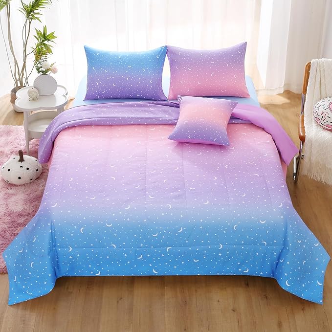 JQinHome Queen Girls Comforter Set,6 Piece Bed in A Bag 3D Purple Orange Glitter Bedding Set -All Season Microfiber Rainbow Bedding Sets for Girls Women - LeafyLoom