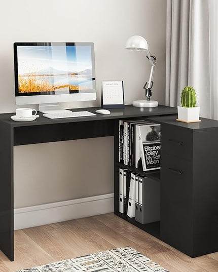 L-Shaped Rotating Computer Desk with Storage Shelves 68 inch Home Office Desk Corner with Drawers and File Cabinet Multipurpose Study Writing Table for Bedroom Small Space Black - LeafyLoom