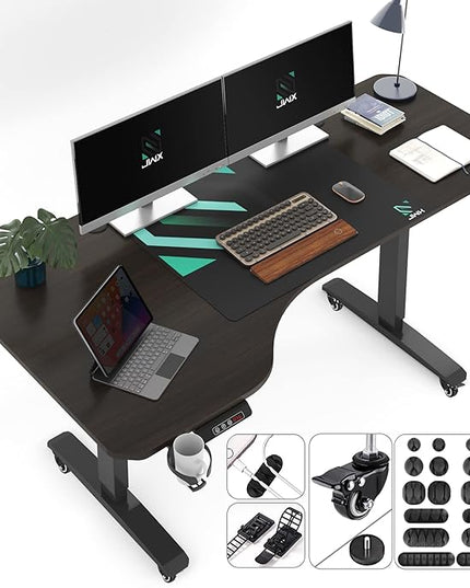 Standing Desk, L Shaped Adjustable Standing Desk, 63'' Corner Height Adjustable desk with Cup Holder, Headphone Hook, Cable Manager, and Mouse pad, Brown Panel - LeafyLoom
