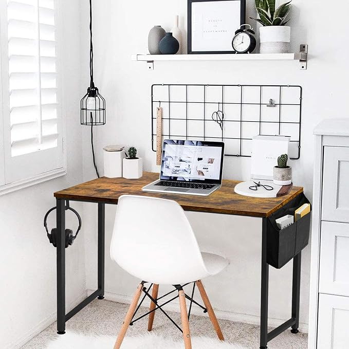 Lufeiya Small Computer Desk Study Table for Small Spaces Home Office 31 Inch Rustic Student Laptop PC Writing Desks with Storage Bag Headphone Hook,Brown - LeafyLoom