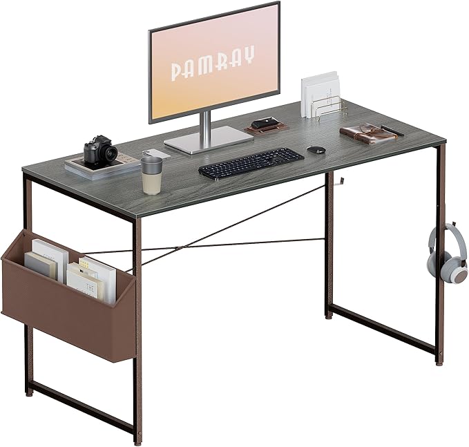 Pamray 47 Inch Computer Desk Small Spaces Desk with Storage Bag for Bedroom Writing and Home Office Work Small Study Desk Table Espresso Gray - LeafyLoom