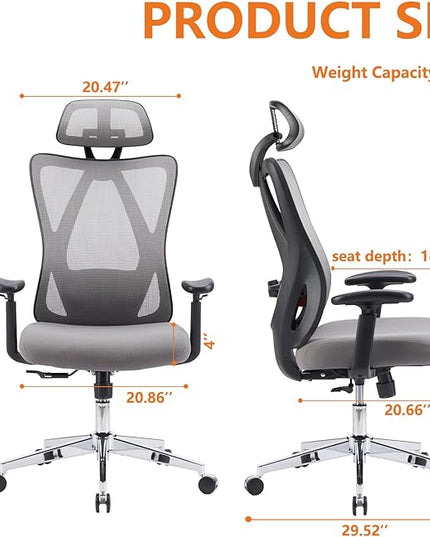 Sweetcrispy Ergonomic Office Desk Computer Chair, High Back Comfy Swivel Home Gaming Mesh Chairs with Wheels, Adjustable Lumbar Support, Headrest, Liftable 2D Arms,135° Tilt for Bedroom, Study, Grey - LeafyLoom