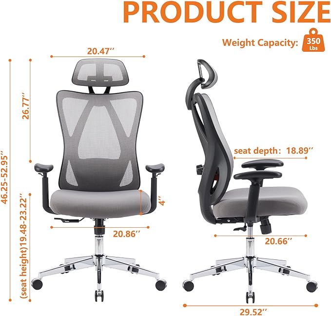 Sweetcrispy Ergonomic Office Desk Computer Chair, High Back Comfy Swivel Home Gaming Mesh Chairs with Wheels, Adjustable Lumbar Support, Headrest, Liftable 2D Arms,135° Tilt for Bedroom, Study, Grey - LeafyLoom