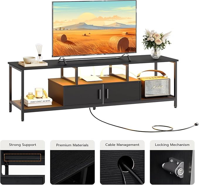 HOOBRO TV Stand with LED Light and Power Outlets for TVs up to 65 Inch, TV Media Console with Double-Door Cabinet, Gaming Entertainment Center for Living Room Bedroom, Black BB148UDS01 - LeafyLoom