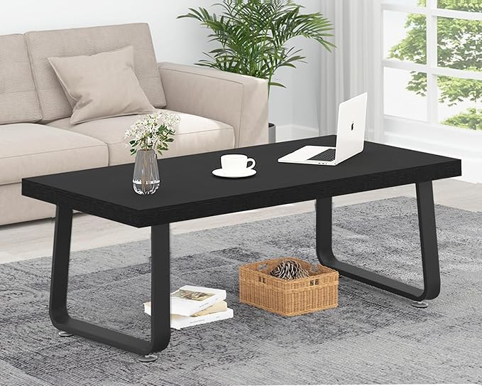HSH Black Coffee Table, Industrial Wood and Metal Legs Center Table, Modern Minimalist Rectangle Cocktail Table for Living Room, Farmhouse Wooden Tea Table for Bedroom Home Office, Black Oak, 47 Inch - LeafyLoom