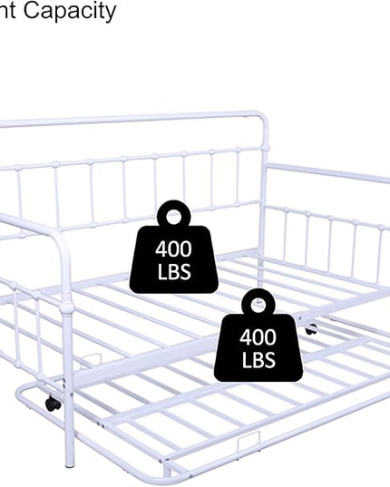 Twin Size Daybed W/Trundle,Metal Sofa Bed Frame with Heavy Duty Steel Slat Support,No Box Spring Needed,for Living Room Bedroom Guest Room,White - LeafyLoom