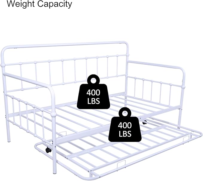 Twin Size Daybed W/Trundle,Metal Sofa Bed Frame with Heavy Duty Steel Slat Support,No Box Spring Needed,for Living Room Bedroom Guest Room,White - LeafyLoom