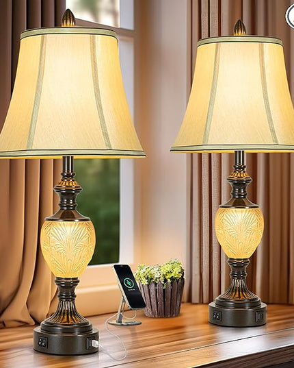 27'' High Vintage Table Lamp Set of 2 for Living Room Farmhouse Bedside Lamp with Fabric Shades Boho Nightstand Lamp with USB and Nightlight for Bedroom Home Office Hotel Bar (Led Bulb Included) - LeafyLoom