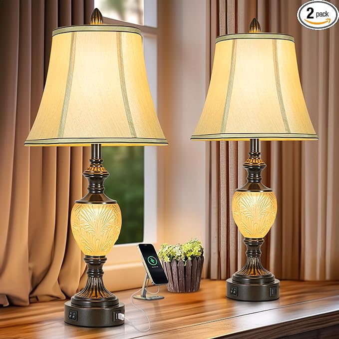 27'' High Vintage Table Lamp Set of 2 for Living Room Farmhouse Bedside Lamp with Fabric Shades Boho Nightstand Lamp with USB and Nightlight for Bedroom Home Office Hotel Bar (Led Bulb Included) - LeafyLoom