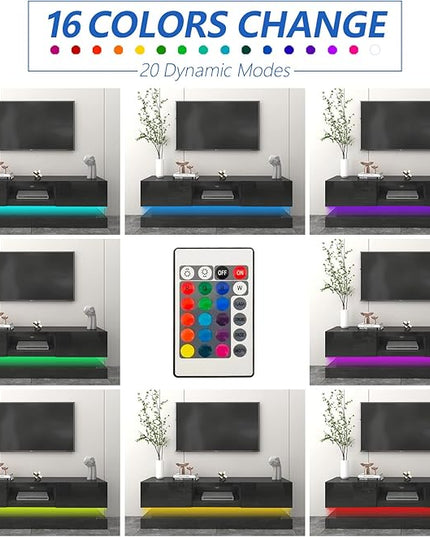 Glossy Black LED TV Stand for 75 inch TV, Modern TV Console Table with Storage and LED Lights, Gaming Media Entertainment Center for Living Room Bedroom (63 Inch, Black) - LeafyLoom
