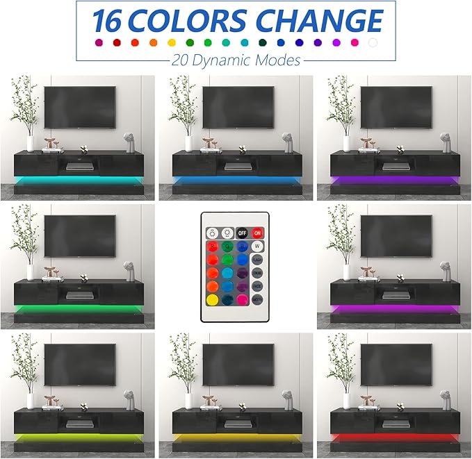 Glossy Black LED TV Stand for 75 inch TV, Modern TV Console Table with Storage and LED Lights, Gaming Media Entertainment Center for Living Room Bedroom (63 Inch, Black) - LeafyLoom