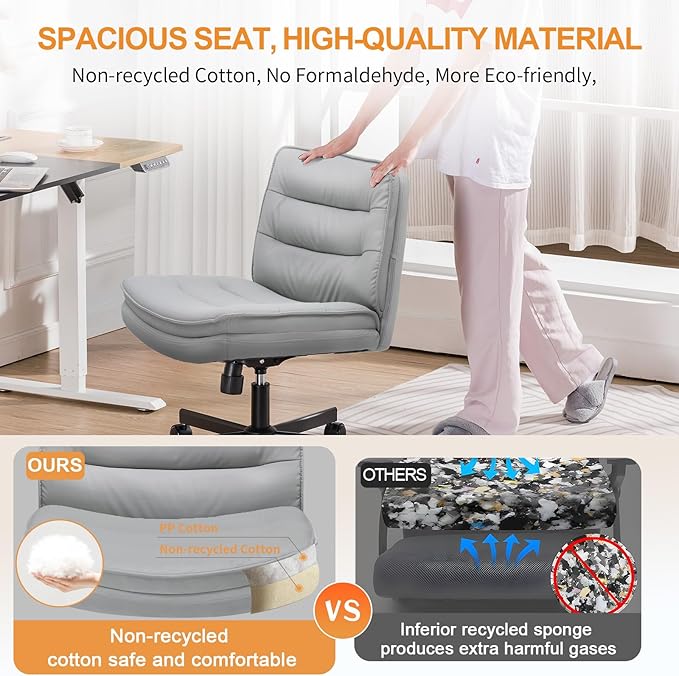 COMHOMA Criss Cross Chair with Wheels, Armless Wide Cross Legged Office Chair Mid Back, Modern Home Office Desk Chair Swivel Adjustable Vanity Computer Chair, Gray - LeafyLoom
