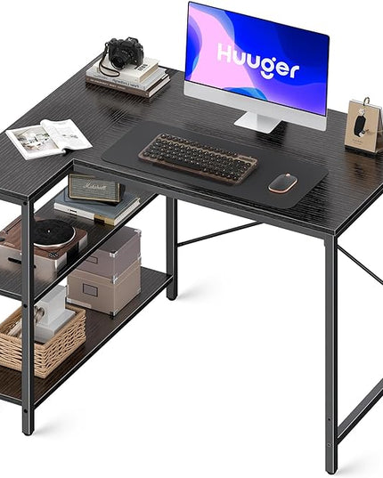 L Shaped Desk, 39 Inches Computer Desk with Reversible Storage Shelves, Gaming Desk, Corner Desk Home Office Desks, Writing Desk Study Desk with Metal Frame, Black - LeafyLoom