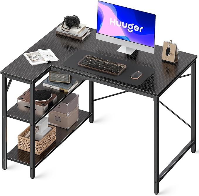 L Shaped Desk, 39 Inches Computer Desk with Reversible Storage Shelves, Gaming Desk, Corner Desk Home Office Desks, Writing Desk Study Desk with Metal Frame, Black - LeafyLoom
