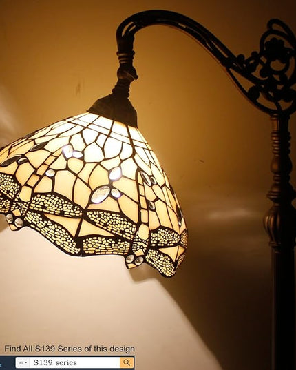 WERFACTORY Tiffany Floor Lamp Cream Stained Glass Dragonfly Arched Lamp 12X18X64 Inches Gooseneck Adjustable Corner Standing Reading Light Decor Bedroom Living Room S139 Series - LeafyLoom