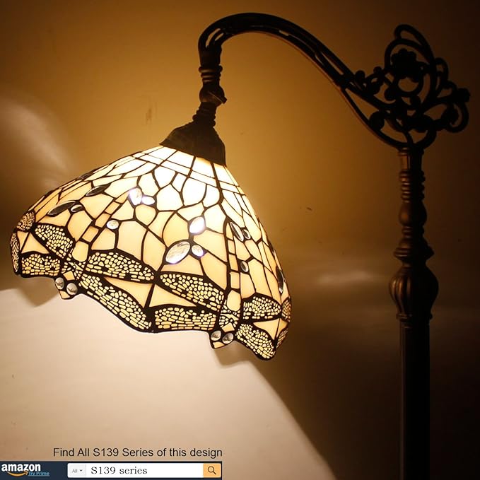 WERFACTORY Tiffany Floor Lamp Cream Stained Glass Dragonfly Arched Lamp 12X18X64 Inches Gooseneck Adjustable Corner Standing Reading Light Decor Bedroom Living Room S139 Series - LeafyLoom