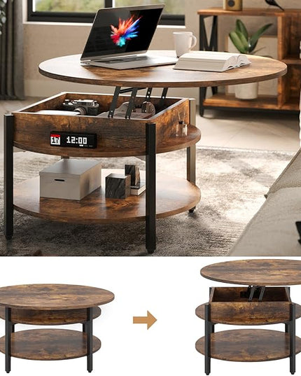 FABATO Round Lift Top Coffee Table with Storage and Hidden Compartment, 26.77'' Farmhouse Coffee Table for Living Room Reception Room, 2 Tier Small Round Coffee Table Circle Dining Table, Rustic Brown - LeafyLoom