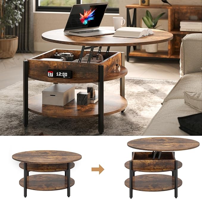 FABATO Round Lift Top Coffee Table with Storage and Hidden Compartment, 26.77'' Farmhouse Coffee Table for Living Room Reception Room, 2 Tier Small Round Coffee Table Circle Dining Table, Rustic Brown - LeafyLoom