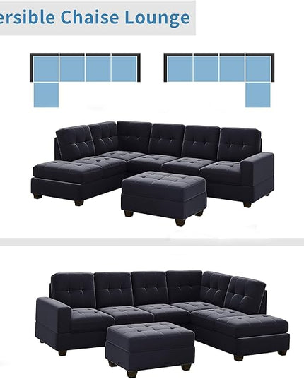 122.1" Modern U-Shape Sectional Sofa with Right Side Chaise & Removable Ottoman, Velvet Upholstered Couch w/ 3 Pillows, for Living Room, Apartment, 112 Inch, Balck - LeafyLoom