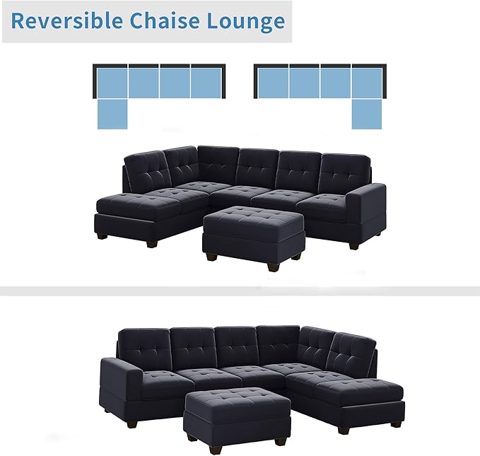 122.1" Modern U-Shape Sectional Sofa with Right Side Chaise & Removable Ottoman, Velvet Upholstered Couch w/ 3 Pillows, for Living Room, Apartment, 112 Inch, Balck - LeafyLoom
