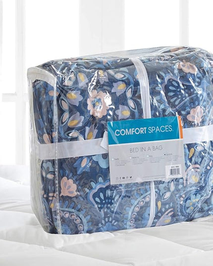 Comfort Spaces Girls Bed in A Bag Floral Comforter Set College Dorm Room Essentials, Complete Dormitory Bedroom Pack And Sheet with 2 Side Pocket Includes Extra Pillowcase Sets, Twin, Medallion Blue - LeafyLoom