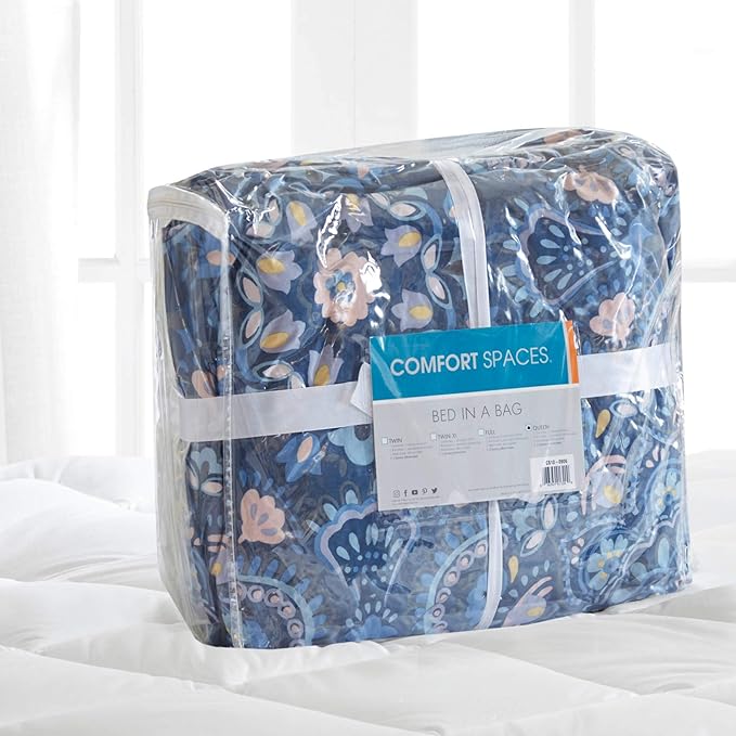 Comfort Spaces Girls Bed in A Bag Floral Comforter Set College Dorm Room Essentials, Complete Dormitory Bedroom Pack And Sheet with 2 Side Pocket Includes Extra Pillowcase Sets, Queen, Medallion Blue - LeafyLoom