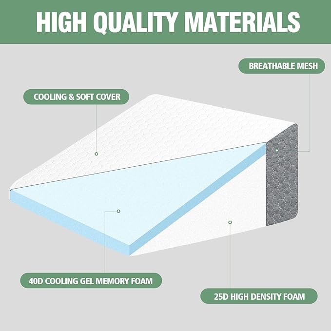 10" Bed Wedge Pillow for Sleeping,Cooling Memory Foam Top,Memory Foam Wedge Pillow for Legs and Back Support,Triangle Wedge Pillow for Acid Reflux Relief & Snoring - LeafyLoom