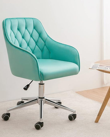 Velvet Desk Chair Vanity Chair for Makeup with Wheels and Back Home Office Chair Adjustable Rolling Swivel Chair for Bedroom Vanity Room Green - LeafyLoom