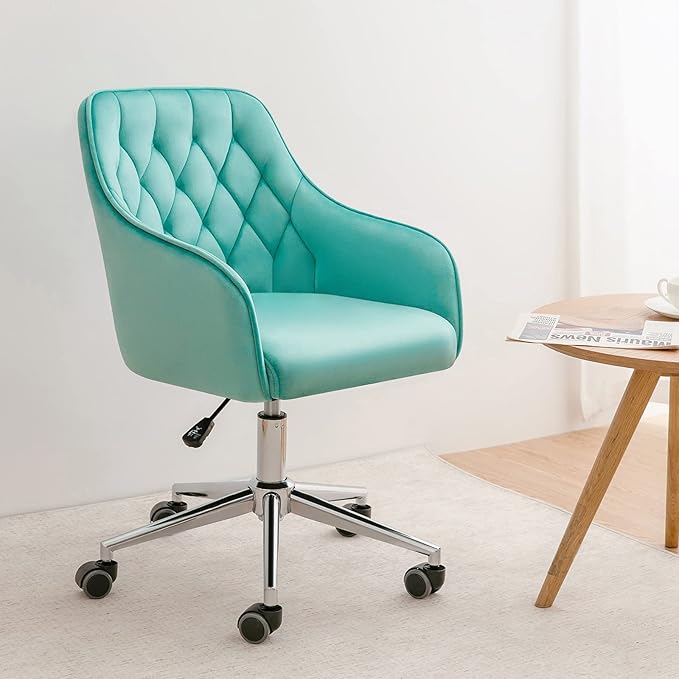 Velvet Desk Chair Vanity Chair for Makeup with Wheels and Back Home Office Chair Adjustable Rolling Swivel Chair for Bedroom Vanity Room Green - LeafyLoom
