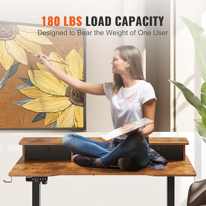 VEVOR Standing Desk with Shelves 47.2 x 23.6 Inch Height Adjustable Desk Dual Monitor Riser Workstation Adjustable Desk 3-Key Modes Sturdy Dual Metal Frame 180LBS Capacity for Home Office - LeafyLoom