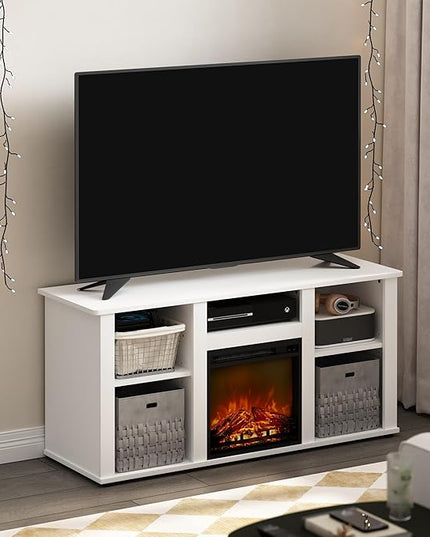 Furinno Jensen Fireplace TV Entertainment Center with Open Storage Compartment for TV up to 55 Inch, Solid White - LeafyLoom