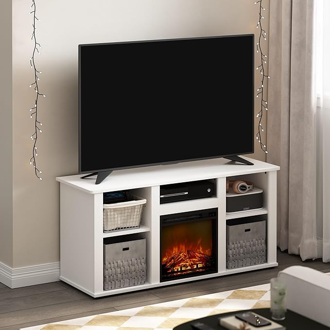 Furinno Jensen Fireplace TV Entertainment Center with Open Storage Compartment for TV up to 55 Inch, Solid White - LeafyLoom