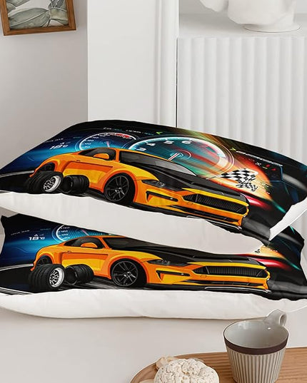 Axolotl Race Car Bedding Set Queen Size,Boys Extreme Sports Comforter Set for Kids Boys Car Racing Gifts,Yellow Cool Car Comforter Car Sports Quilt Set 1 Comforter with 2 Pillowcase Car Racing Gifts - LeafyLoom