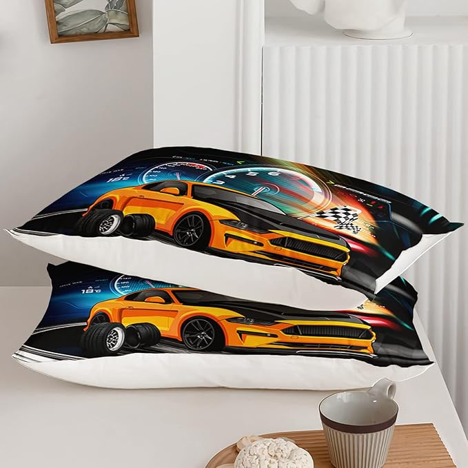 Axolotl Race Car Bedding Set Queen Size,Boys Extreme Sports Comforter Set for Kids Boys Car Racing Gifts,Yellow Cool Car Comforter Car Sports Quilt Set 1 Comforter with 2 Pillowcase Car Racing Gifts - LeafyLoom