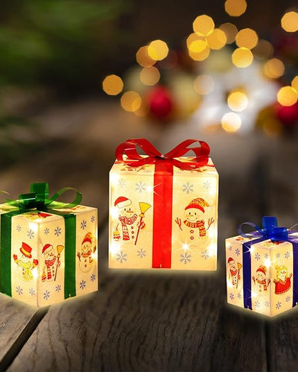 [Large 8.5"x7"x6" Christmas Set of 3 Lighted Gift Boxes Decorations Pre-lit 70 Super-Bright LED with Flashers,for Indoor Outdoor Christmas Tree Skirt Ornament Pathway Holiday Party Home GLOWNOVA