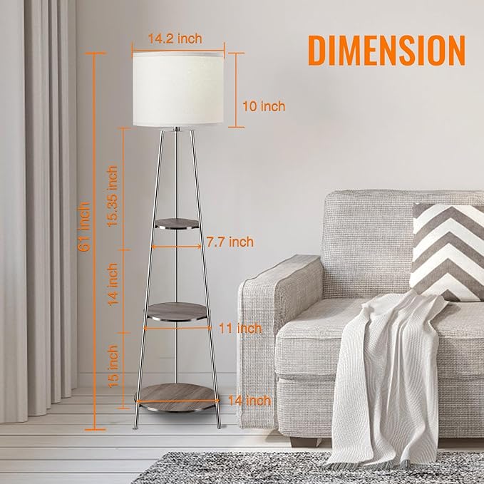 Floor Lamp, Standing Lamp with White Fabric Shade, 3-Tier Round Corner Shelf Floor Lamp with 3 Dimmable Levels, Tall Modern Floor Lamps with Shelves for Bedroom, Living Room and Office - LeafyLoom