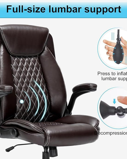 Office Chair Desk Chair High Back Computer Chair - Adjustable Lumbar Support with Flip-Up Arms PU Leather Chair with Spring Cushion - LeafyLoom