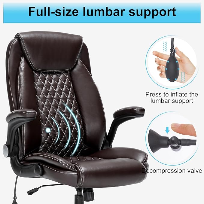 Office Chair Desk Chair High Back Computer Chair - Adjustable Lumbar Support with Flip-Up Arms PU Leather Chair with Spring Cushion - LeafyLoom