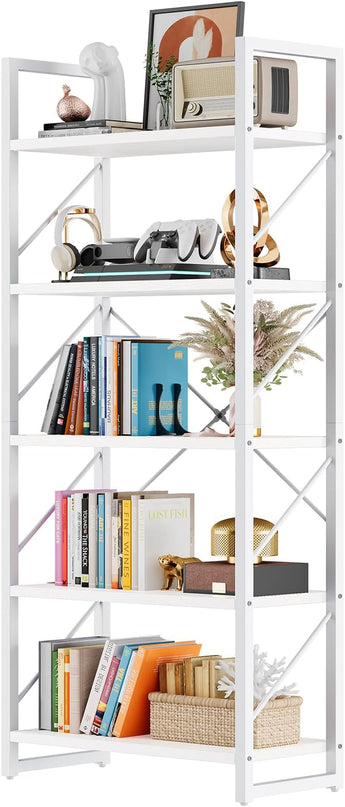 DWVO 5 Tier Bookshelf, White Book Shelf Modern Bookcase, Display Rack Book Storage Organizer for CD/Movie/Book, Bookshelves for Bedroom Office Living Room, White - LeafyLoom