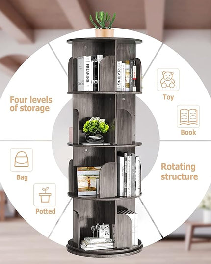 Rotating Bookshelf, Rotating Bookshelf Tower for Small Space, 360 Display 4 Tier Floor Standing Storage Rack, Wood Narrow Book Shelf for Bedroom, Living Room - LeafyLoom