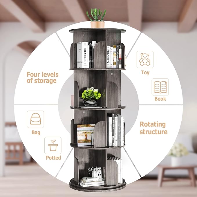 Rotating Bookshelf, Rotating Bookshelf Tower for Small Space, 360 Display 4 Tier Floor Standing Storage Rack, Wood Narrow Book Shelf for Bedroom, Living Room - LeafyLoom