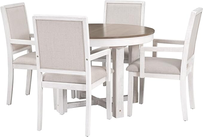 Table Set for 4 Two-Size Round to Oval Extendable Butterfly Leaf Wood Tabletop and 4 Upholstered Dining Chairs with Armrests for Home&Kitchen, Brown+White - LeafyLoom