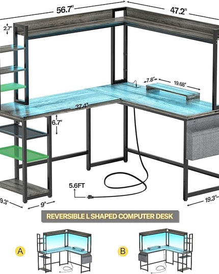 Aheaplus L Shaped Desk with Power Outlet, L Shaped Gaming Desk with Led Light & Hutch, Reversible Home Office Desk, Corner Computer Desk Writing Desk with Monitor Stand & Storage Shelves, Grey Oak - LeafyLoom