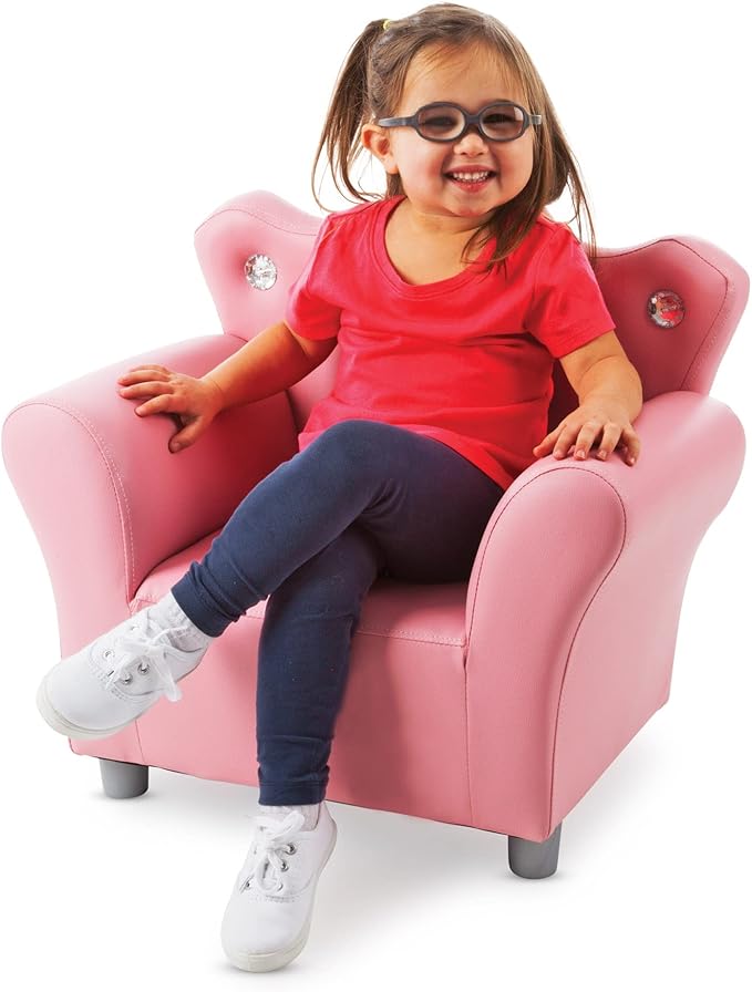 Melissa & Doug Pink Faux Leather Child’s Crown-Back Armchair (Kid’s Furniture) - Princess Chair For Toddlers, Children's Furniture, Pink Chair For Kids - LeafyLoom